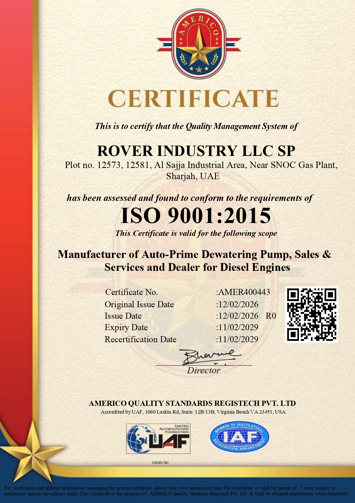 UAF-Americo-ISO-9001-ROVER-INDUSTRY-LLC-SP-ORIGINALS
